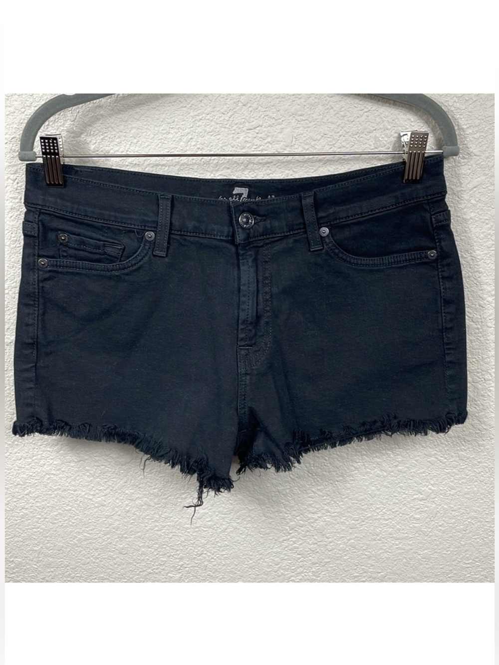 7 For All Mankind Mid Rise Raw Frayed Hem Cut Off Mini Shorts Black Sz 28